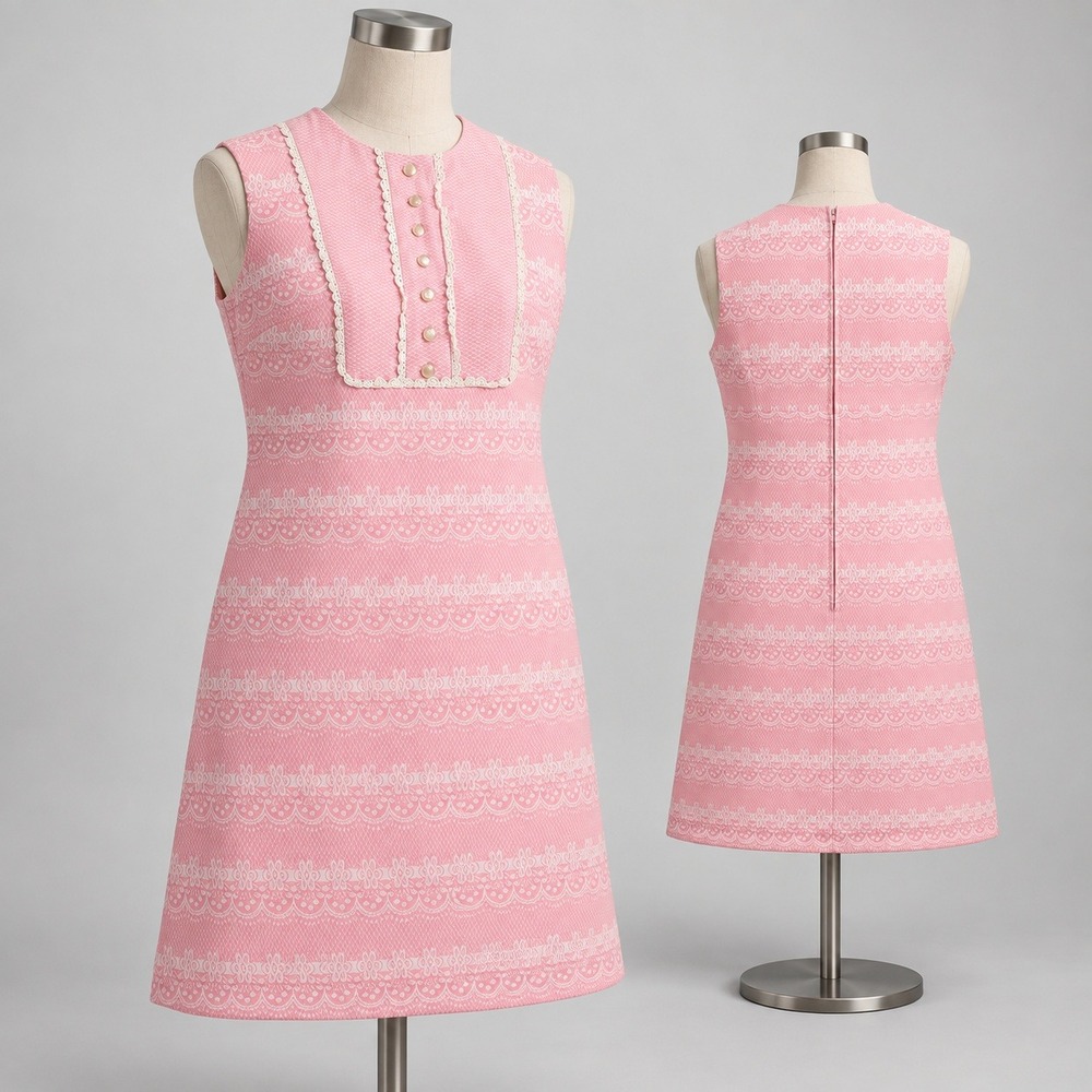Vintage 60s Gay Gibson Pink Lace Print Mod Shift Dress Sleeveless Bib Front